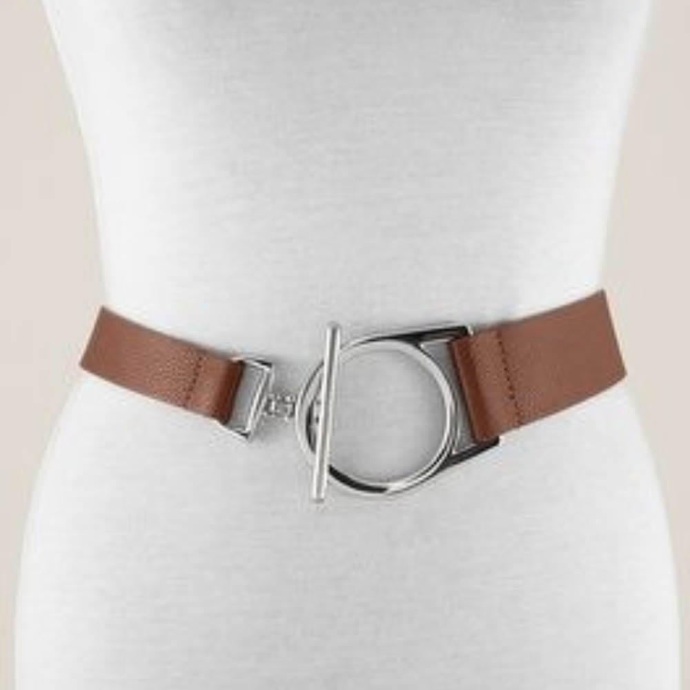 Chico's Kendra Belt Toggle Bar Clasp Vegan Faux Leather Stretchy Cognac Brown M